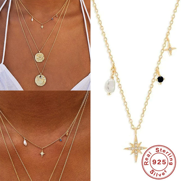 Wholesale S925 Sterling Silver Octagonal Star Diamond Shaped Pearl Clavicle Necklace With Geometric Pattern Electroplated For Unisex Stacked Wear
