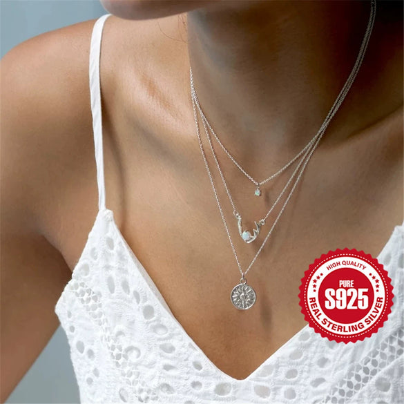 Wholesale S925 Sterling Silver Opal Clavicle Necklace With Classic Four Claw Pendant And Inlaid Zircon Geometric Design