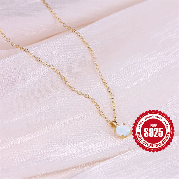 Wholesale S925 Sterling Silver Opal Clavicle Necklace With Classic Four Claw Pendant And Inlaid Zircon Geometric Design