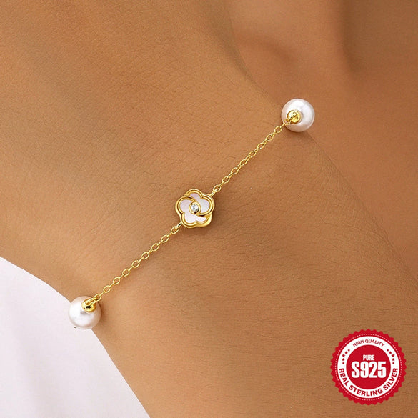 Wholesale S925 Sterling Silver Pearl Five Petal White Shellfish Elegant Unisex Necklace And Bracelet Set With O Chain And Electroplating Treatment