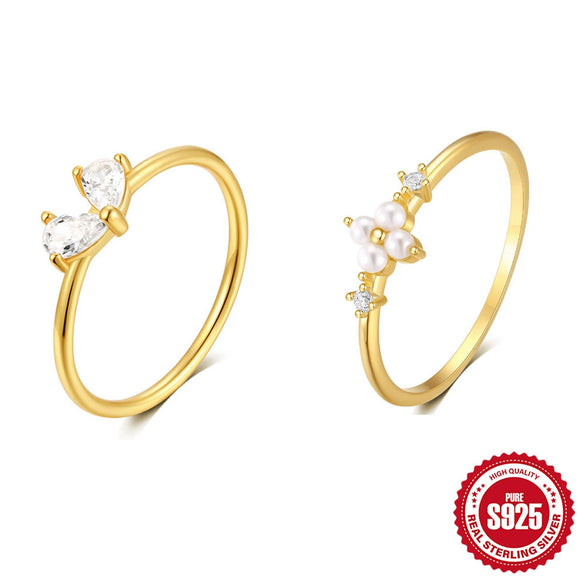 Wholesale S925 Sterling Silver Pearl Fourleaf Flower Ring For Women With Electroplating And Real Gold Plating