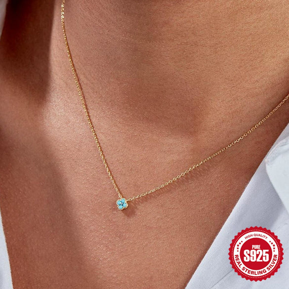 Wholesale S925 Sterling Silver Petal Fourleaf Clover Clavicle Necklace With Turquoise Zircon And Geometric Design