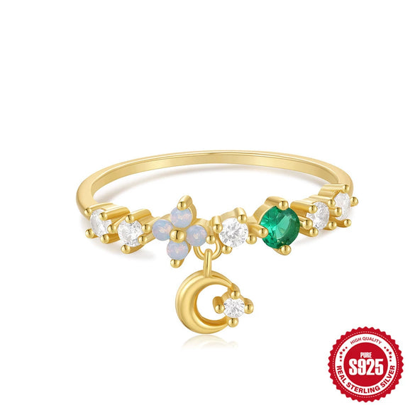 Wholesale S925 Sterling Silver Pink Flower Moon Shaped Ring With Inlaid Zircon For Women Simple And Refreshing Design
