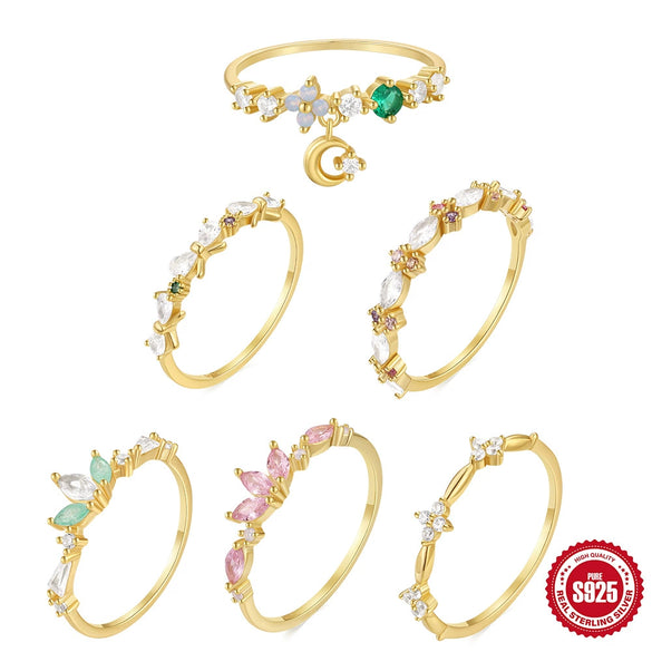 Wholesale S925 Sterling Silver Pink Flower Moon Shaped Ring With Inlaid Zircon For Women Simple And Refreshing Design