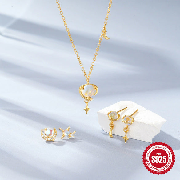 Wholesale S925 Sterling Silver Planet Moonstone Necklace And Earrings Set With Electroplating For Women And Unisex