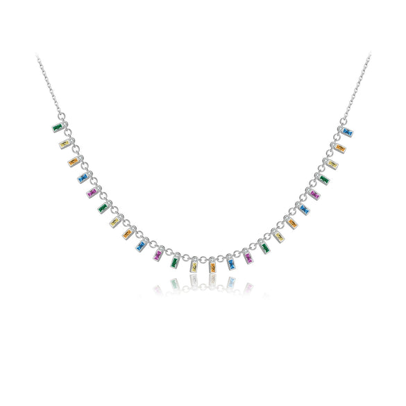 Wholesale S925 Sterling Silver Rectangular Zircon Necklace For Women With Electroplated Rainbow Gemstone Pendant And Regular Clavicle Chain