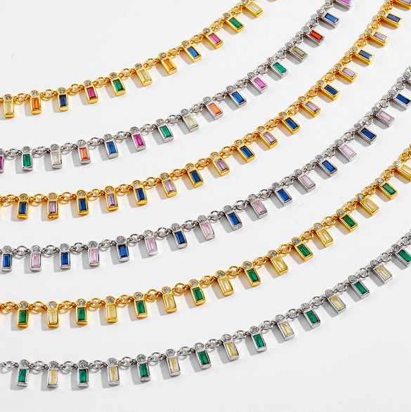 Wholesale S925 Sterling Silver Rectangular Zircon Necklace For Women With Electroplated Rainbow Gemstone Pendant And Regular Clavicle Chain
