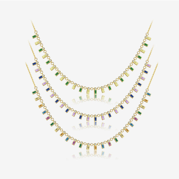 Wholesale S925 Sterling Silver Rectangular Zircon Necklace For Women With Electroplated Rainbow Gemstone Pendant And Regular Clavicle Chain