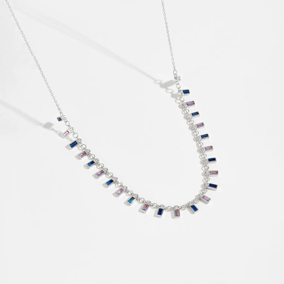 Wholesale S925 Sterling Silver Rectangular Zircon Necklace For Women With Electroplated Rainbow Gemstone Pendant And Regular Clavicle Chain
