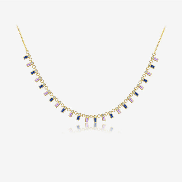 Wholesale S925 Sterling Silver Rectangular Zircon Necklace For Women With Electroplated Rainbow Gemstone Pendant And Regular Clavicle Chain