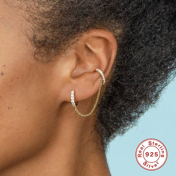 Wholesale S925 Sterling Silver Round Diamondencrusted Tassel Chain Ear Buckle Earring For Women Geometric Design