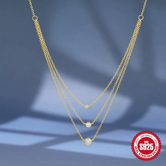 Wholesale S925 Sterling Silver Round Diamondencrusted Threelayer Stacked Collarbone Chain With Electroplating For Women