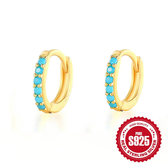 Wholesale S925 Sterling Silver Round Ear Buckle Earrings With Micro Inlay Turquoise And Geometric Pattern 18K Gold Plated