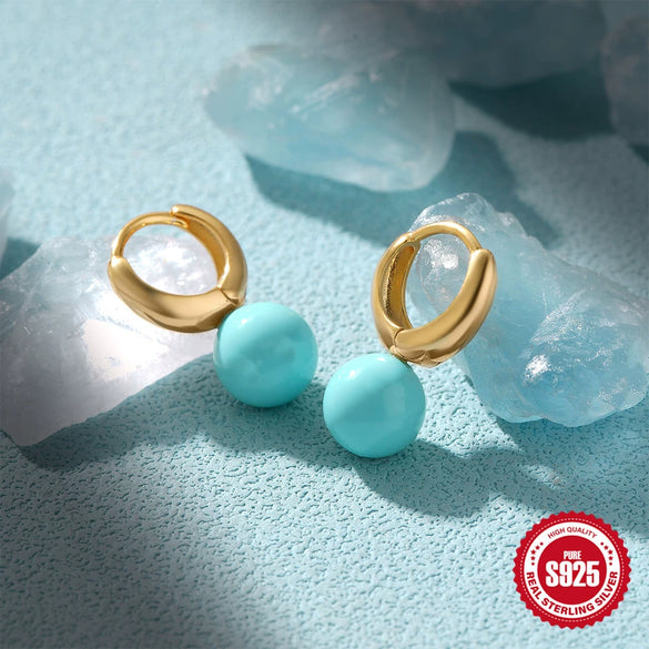 Wholesale S925 Sterling Silver Round Turquoise Ear Buckle Earrings With Geometric Design And Inlaid Zircon For Unisex