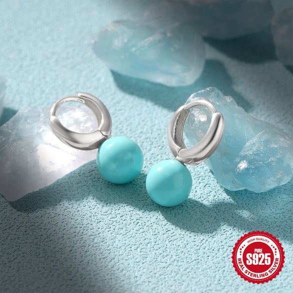 Wholesale S925 Sterling Silver Round Turquoise Ear Buckle Earrings With Geometric Design And Inlaid Zircon For Unisex