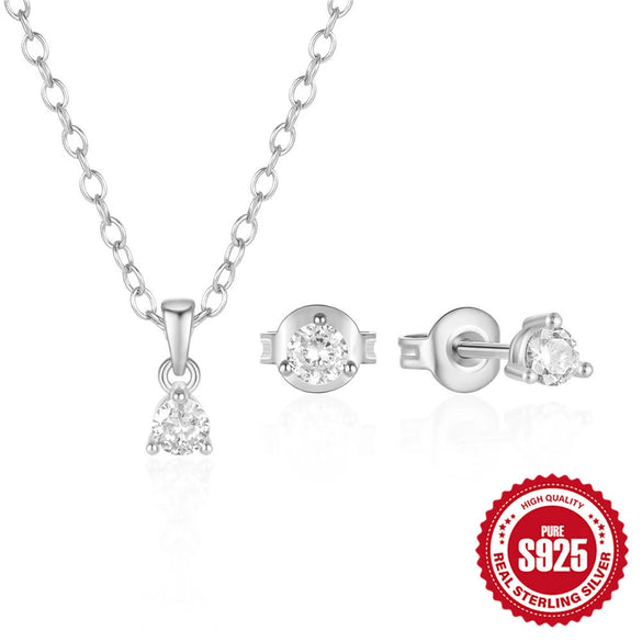 Wholesale S925 Sterling Silver Simple Classic Threeclaw Inlaid Zircon Earrings And Necklace Set With Electroplating Treatment