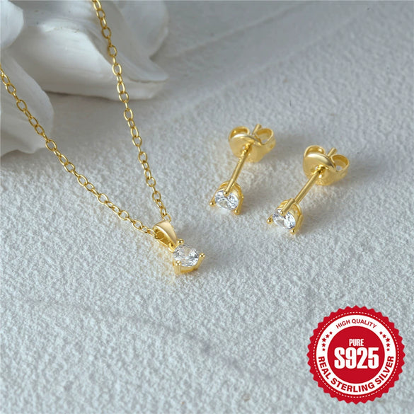 Wholesale S925 Sterling Silver Simple Classic Threeclaw Inlaid Zircon Earrings And Necklace Set With Electroplating Treatment