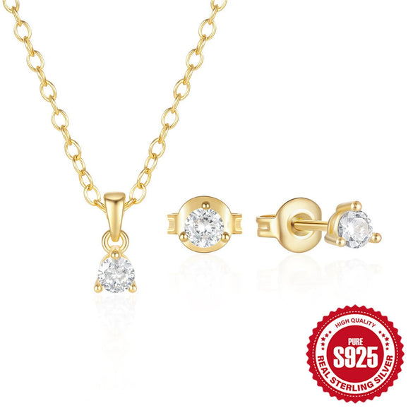 Wholesale S925 Sterling Silver Simple Classic Threeclaw Inlaid Zircon Earrings And Necklace Set With Electroplating Treatment