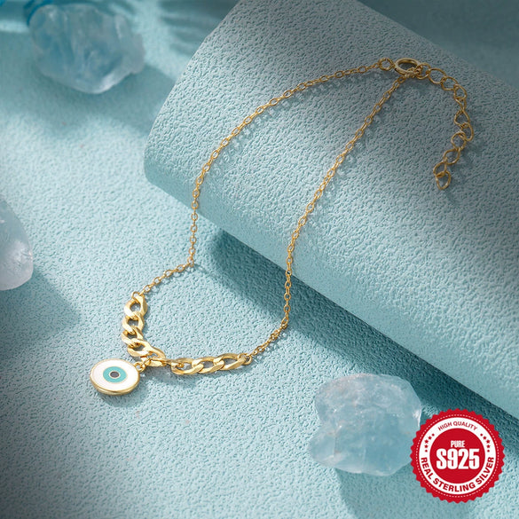 Wholesale S925 Sterling Silver Simple Cuban Chain Devil's Eye Drop Bracelet With Inlaid Zircon And Geometric Pattern