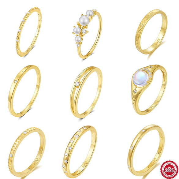 Wholesale S925 Sterling Silver Simple Double Layer Hollow Ring With Single Diamond Moonstone Pearl Geometric Style Electroplated