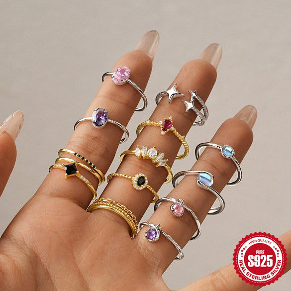 Wholesale S925 Sterling Silver Simple Meteor Ring With Micro Inlaid Crown Opening Design Geometric Pattern Inlaid Zircon For Women