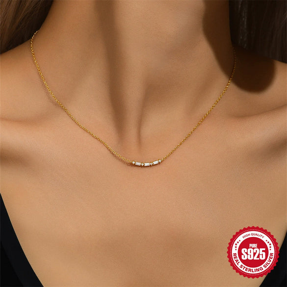 Wholesale S925 Sterling Silver Single Row Square Geometric Zircon Clavicle Chain With O Chain For Women Electroplated