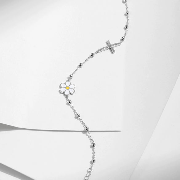 Wholesale S925 Sterling Silver Small Daisy Full Diamond Cross Light Bead Bracelet For Women