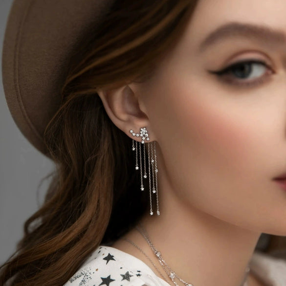 Wholesale S925 Sterling Silver Sparkling Star Tassel Pendant Earrings With Electroplated Platinum For Women Geometric Style