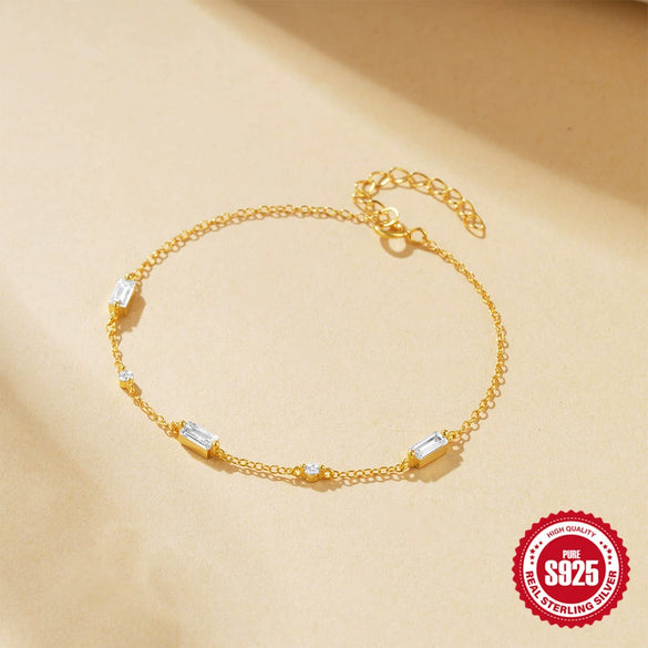 Wholesale S925 Sterling Silver Square Simple Women's Bracelet With Geometric Design And Electroplating And Real Gold Plating