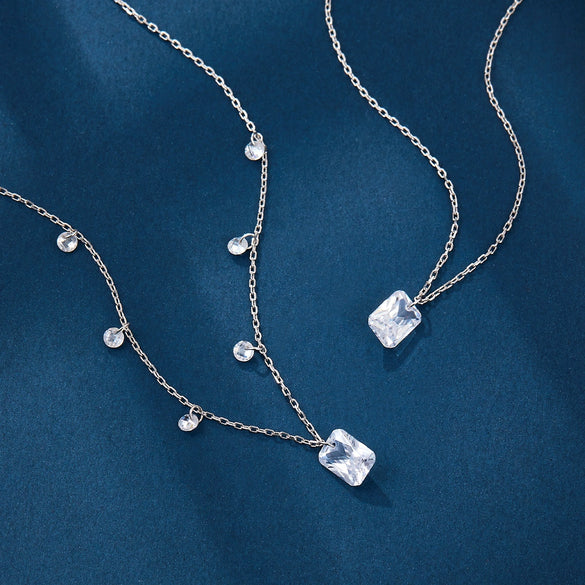 Wholesale S925 Sterling Silver Square Zircon Water Drop Geometric Clavicle Chain Necklace With Electroplating