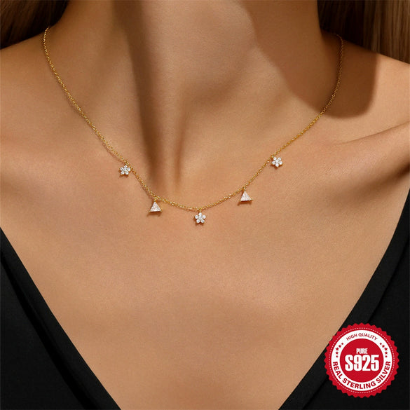 Wholesale S925 Sterling Silver Stacked Triangle Flower Geometric Zircon Collarbone Necklace For Women