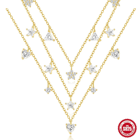 Wholesale S925 Sterling Silver Stacked Triangle Flower Geometric Zircon Collarbone Necklace For Women