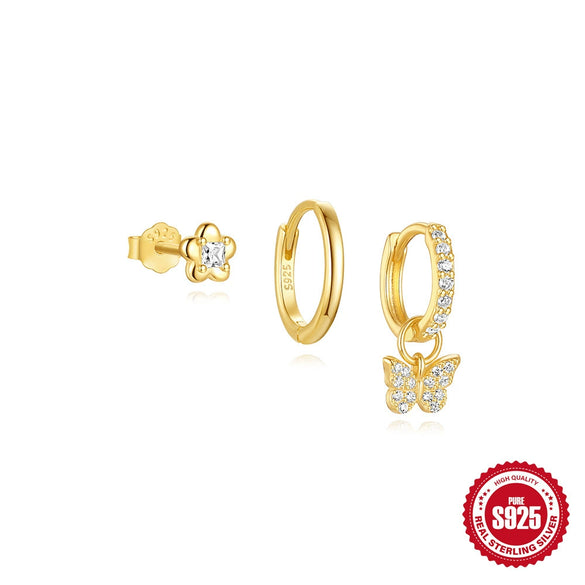 Wholesale S925 Sterling Silver Stacking Style Butterfly Star Earrings Three Piece Set With Horse Eye And Water Drops Zircon Patchwork Electroplated