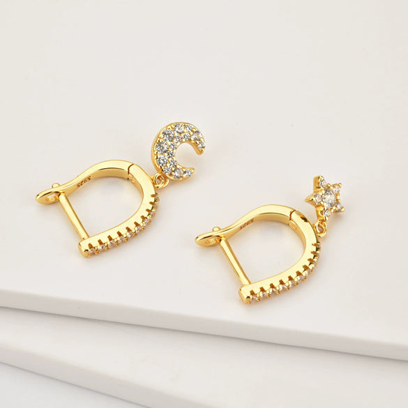 Wholesale S925 Sterling Silver Star Moon Earrings Fashionable Platinum And 18K Gold Electroplated