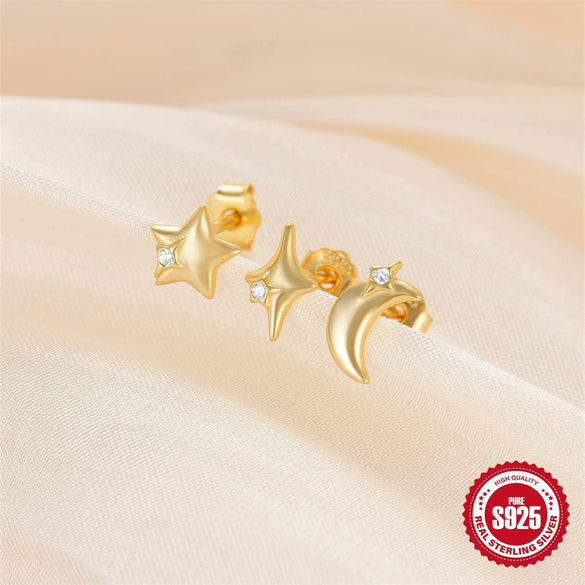 Wholesale S925 Sterling Silver Star Moon Element Minimalist Three Piece Earrings With Zirconia Design