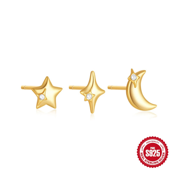 Wholesale S925 Sterling Silver Star Moon Element Minimalist Three Piece Earrings With Zirconia Design