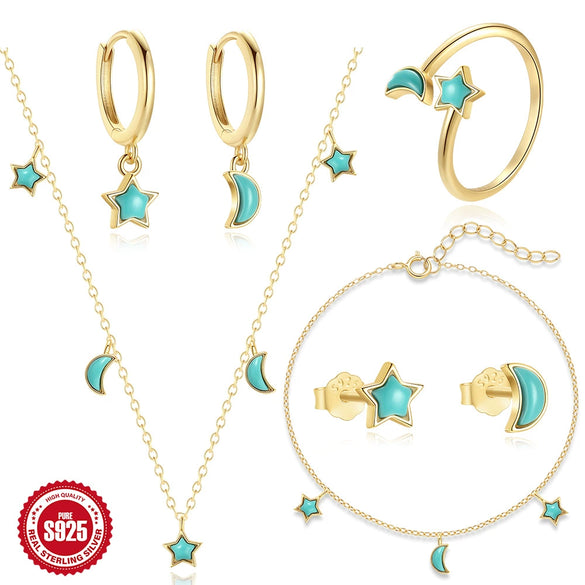 Wholesale S925 Sterling Silver Star Moon Jewelry Set With O Chain Electroplated For Unisex And Women Necklace Bracelet Ring Earrings