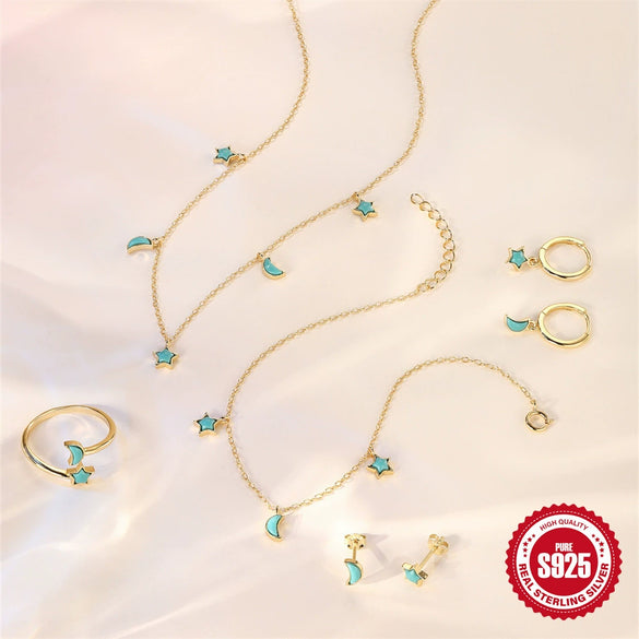 Wholesale S925 Sterling Silver Star Moon Jewelry Set With O Chain Electroplated For Unisex And Women Necklace Bracelet Ring Earrings