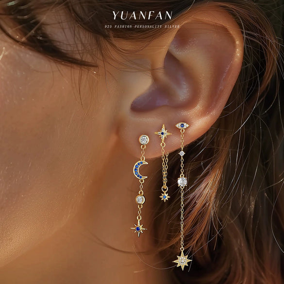 Wholesale S925 Sterling Silver Star Moon Tassel Earrings With Zirconia For Women Niche Design Star Shape