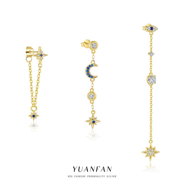 Wholesale S925 Sterling Silver Star Moon Tassel Earrings With Zirconia For Women Niche Design Star Shape