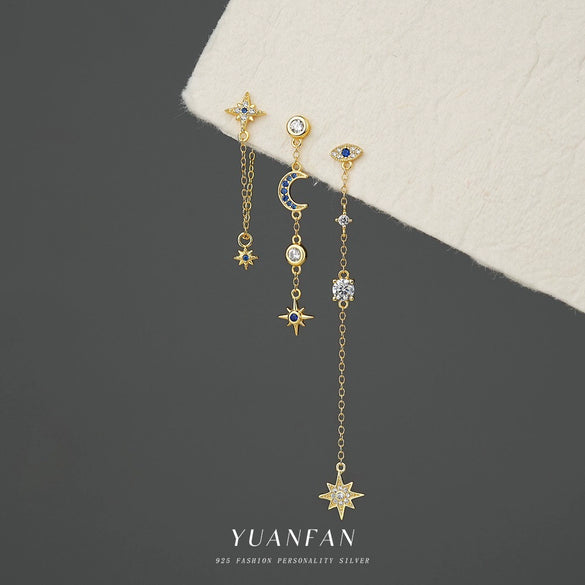 Wholesale S925 Sterling Silver Star Moon Tassel Earrings With Zirconia For Women Niche Design Star Shape