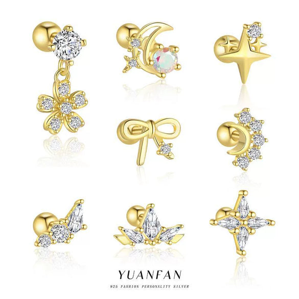 Wholesale S925 Sterling Silver Star Shape Zircon Earrings For Women With Crown Flower Bow Tie Design