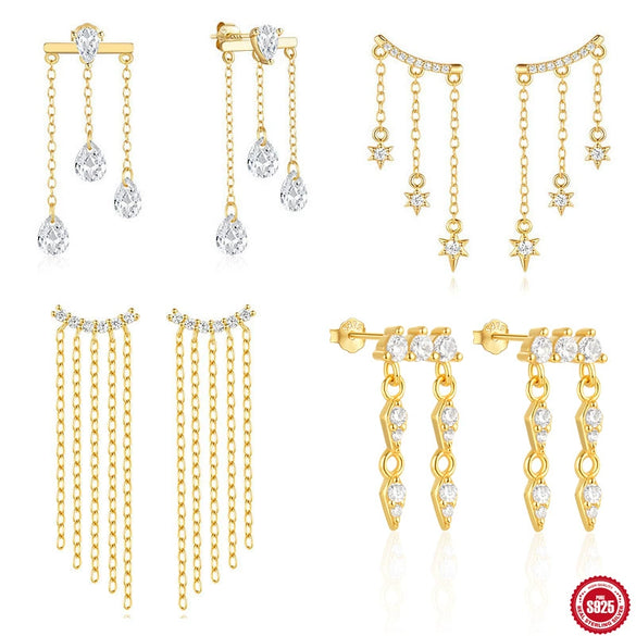 Wholesale S925 Sterling Silver Tassel Chain Geometric Star Inlaid Stone Earrings For Women