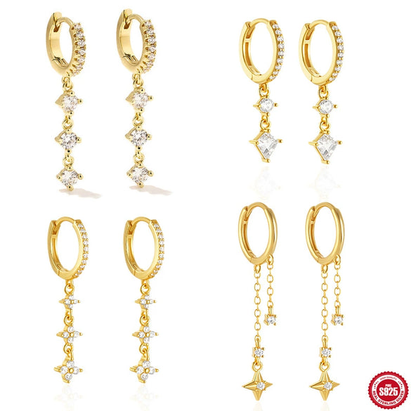 Wholesale S925 Sterling Silver Tassel Chain Geometric Zircon Earrings With Four Diamond And Star Flower Light Luxury Design For Women
