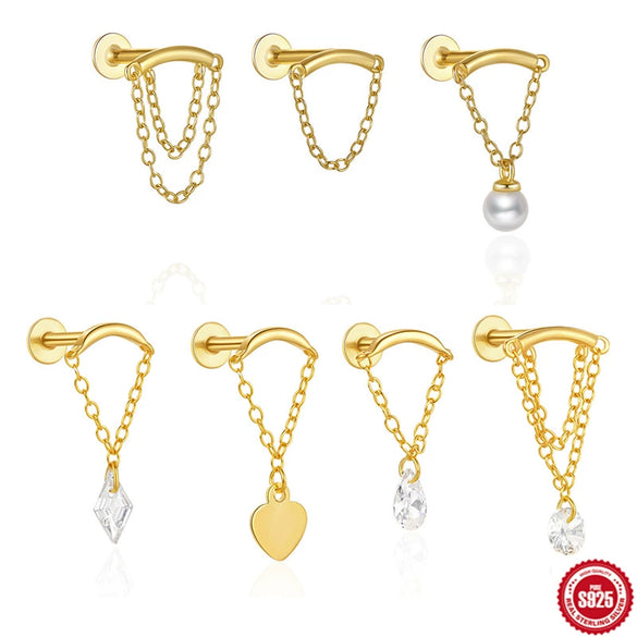Wholesale S925 Sterling Silver Tassel Pearl Chain Flat Head Internal Thread Piercing Ear Bone Nail Earrings With Geometric Design And Electroplating Treatment For Women
