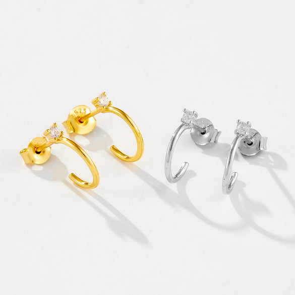 Wholesale S925 Sterling Silver Thin Wire Earrings With White And Black Stones Simple All Match Cold Wind Earrings 18K Gold Electroplated Geometric Design