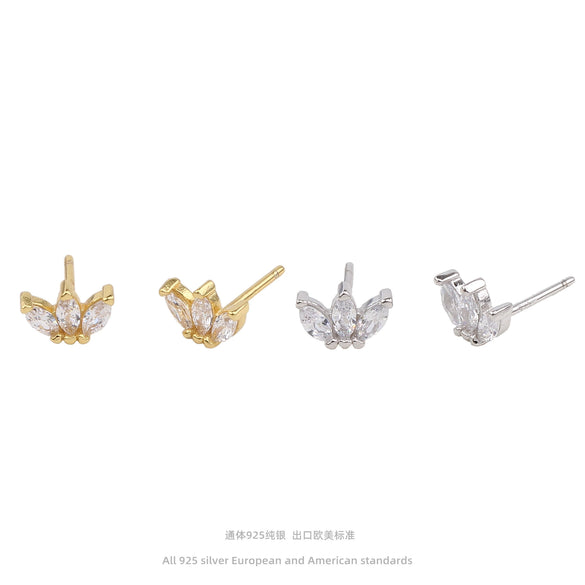 Wholesale S925 Sterling Silver Threepetal Grass Inlaid Zircon Leaves Style Women's Earrings