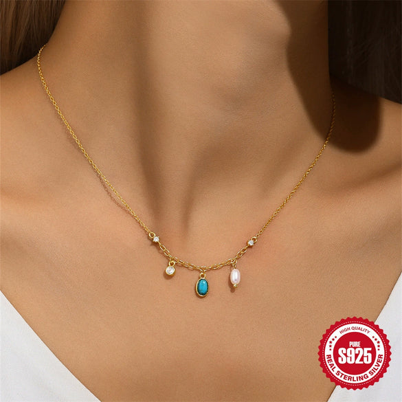 Wholesale S925 Sterling Silver Turquoise Diamond Encrusted Geometric All Match O Chain Necklace With Electroplating For Women