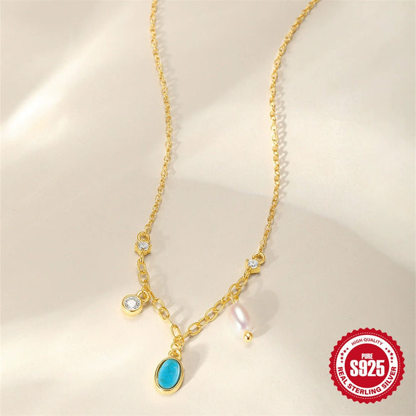 Wholesale S925 Sterling Silver Turquoise Diamond Encrusted Geometric All Match O Chain Necklace With Electroplating For Women