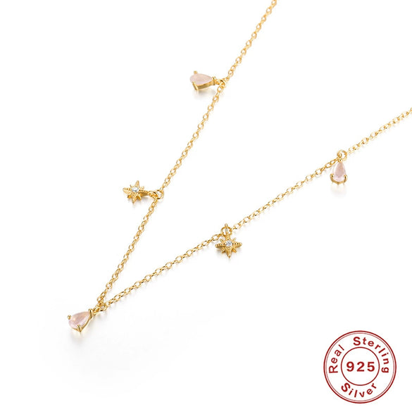 Wholesale S925 Sterling Silver Water Drop And Octagonal Star Combination Pendant Necklace With Choker Clavicle O Chain Electroplated Sweet And Geometric Style